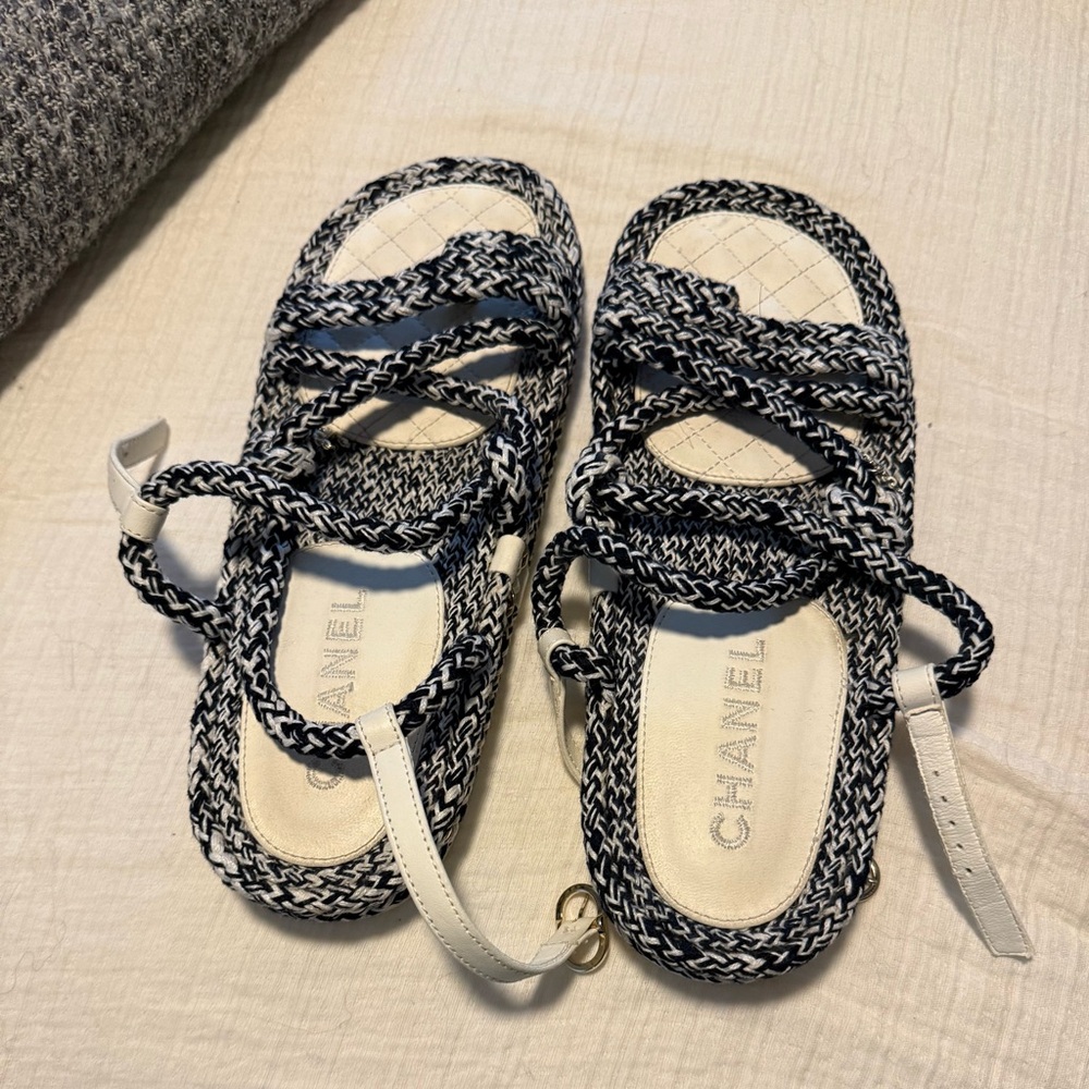 Authentic Chanel Rope and Lambskin Sandals